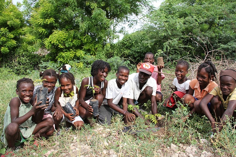 group of children planting trees