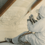 Spray foam being applied to the underside of a roof